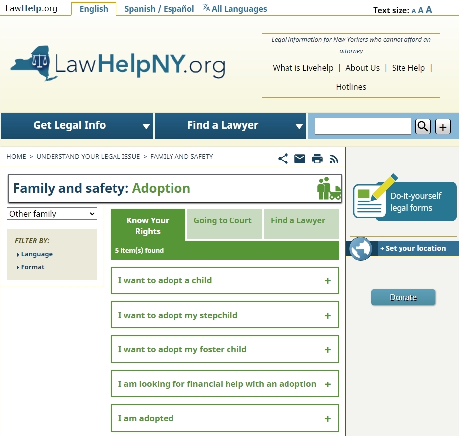 Screenshot of lawhelpny website after the reorg